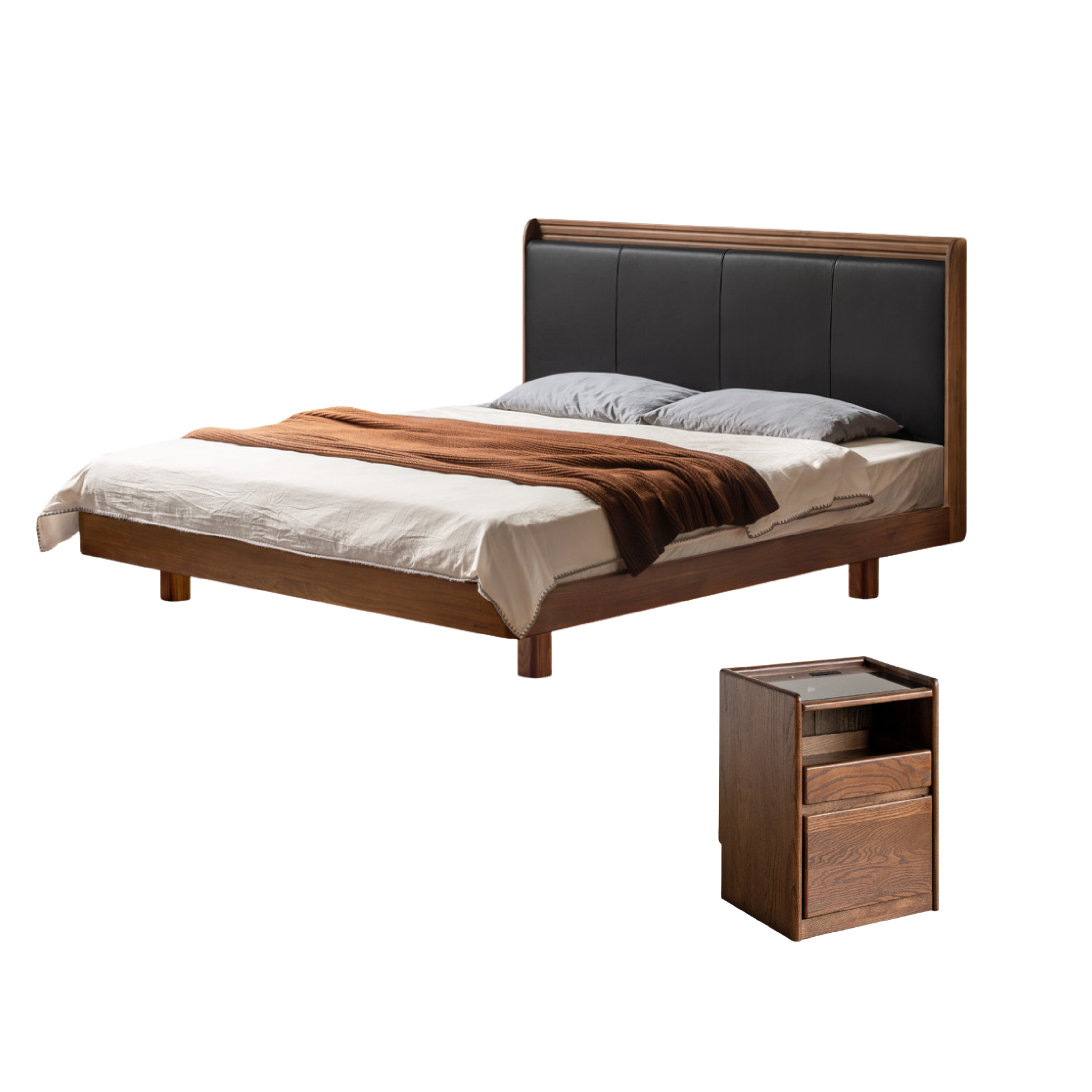 Black Walnut Solid Wood  Luxury Leather With Light Bed