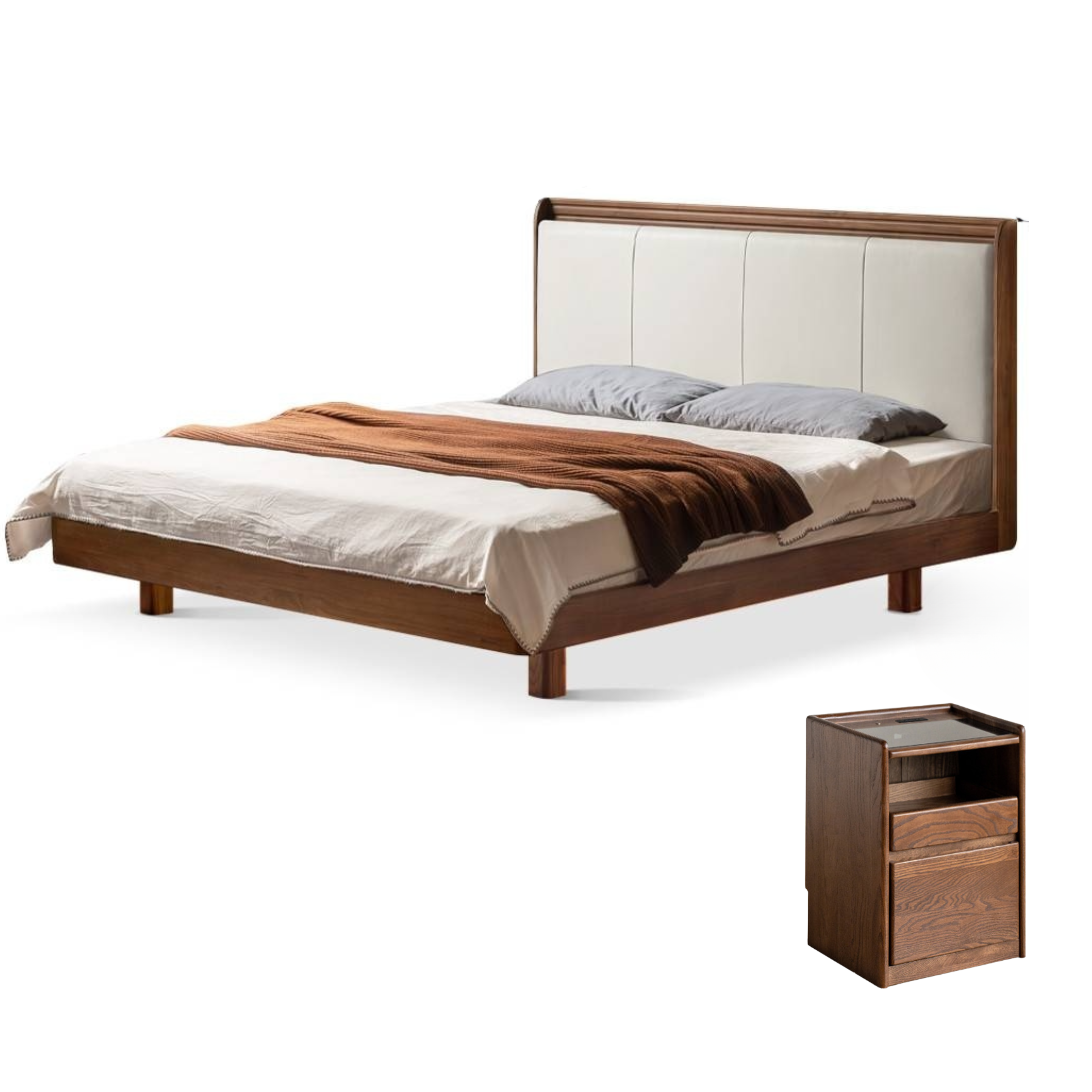 Black Walnut Solid Wood  Luxury Leather With Light Bed