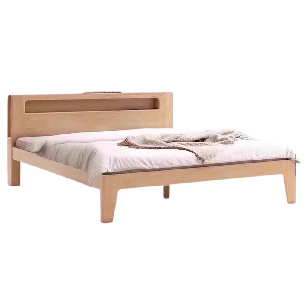 Oak solid wood bed with light and bookshelf