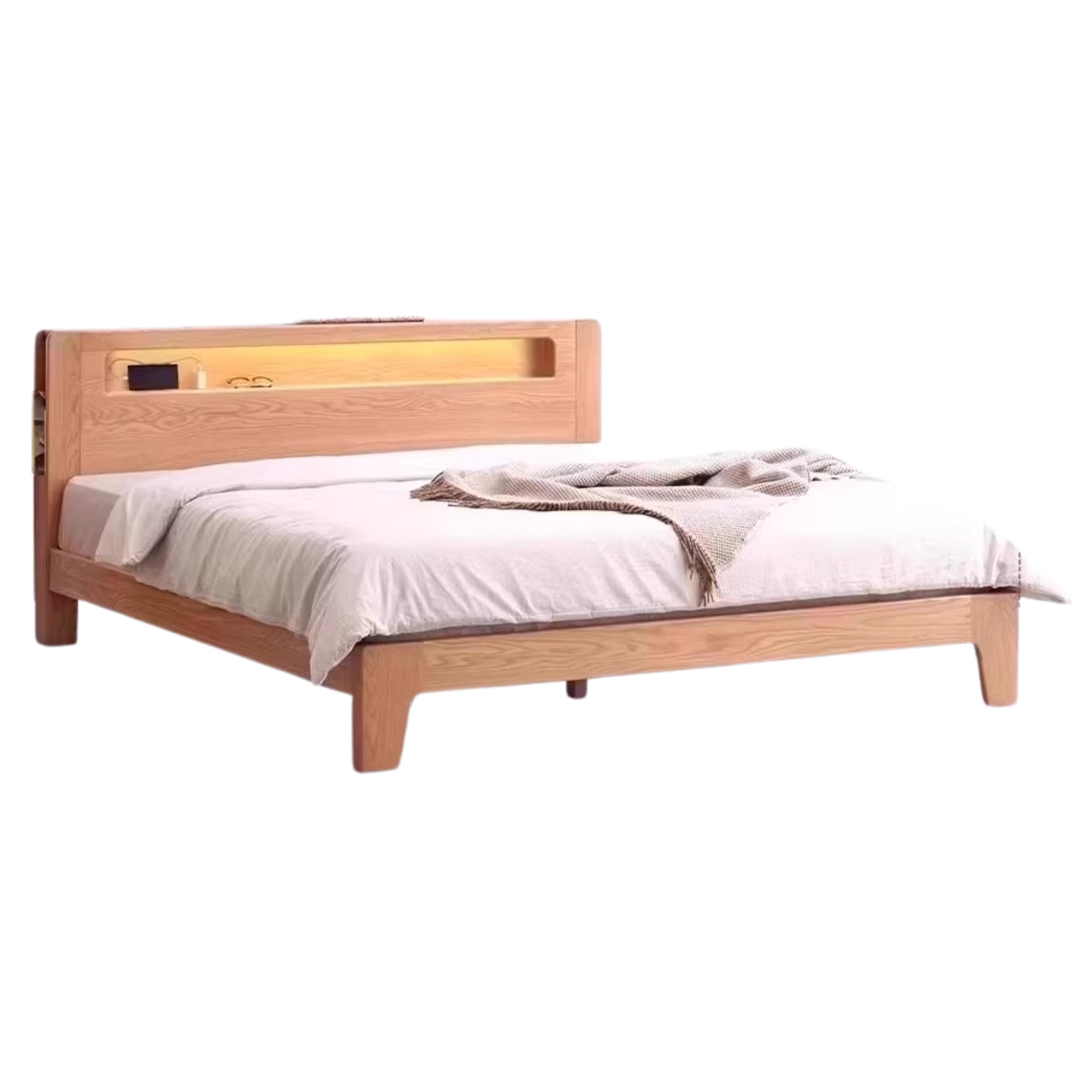 Oak solid wood bed with light and bookshelf
