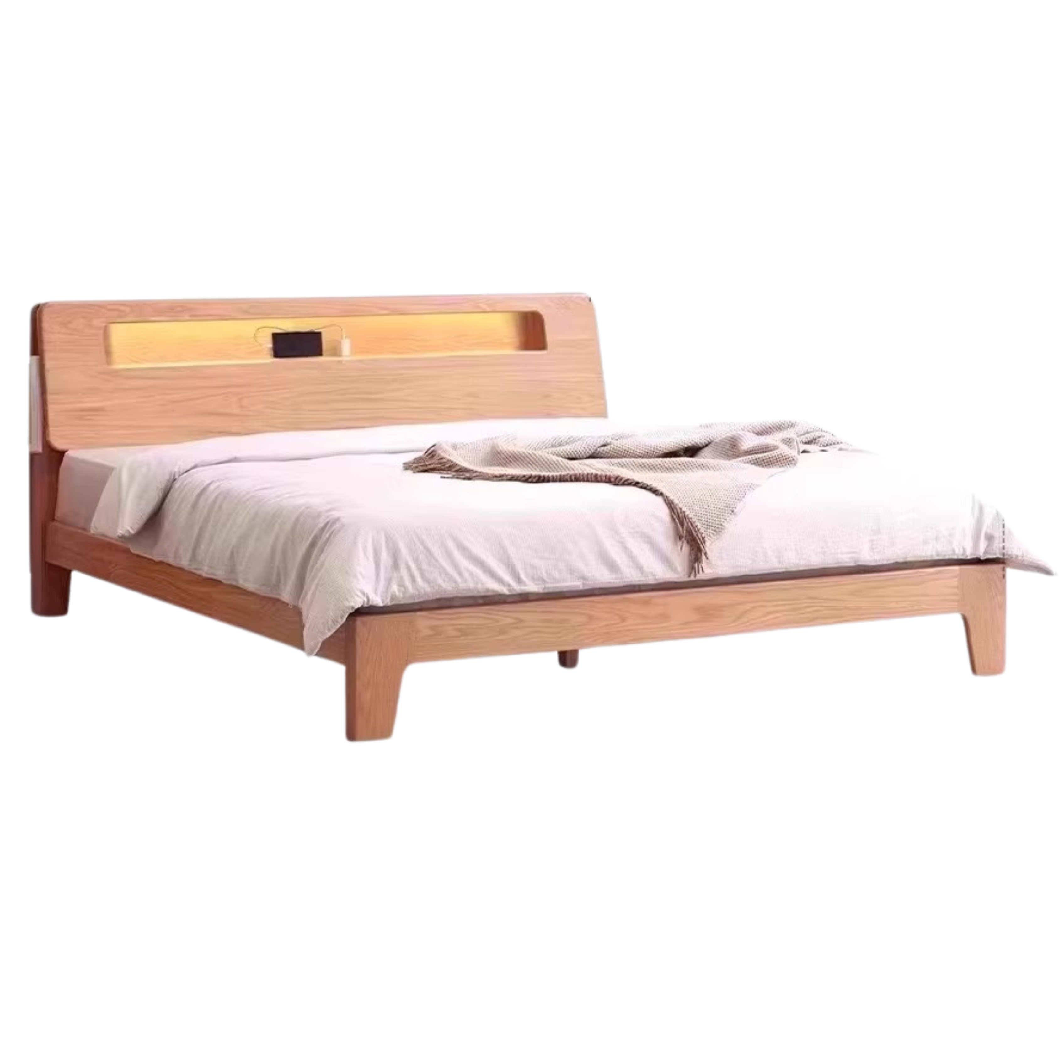 Oak solid wood bed with light and bookshelf