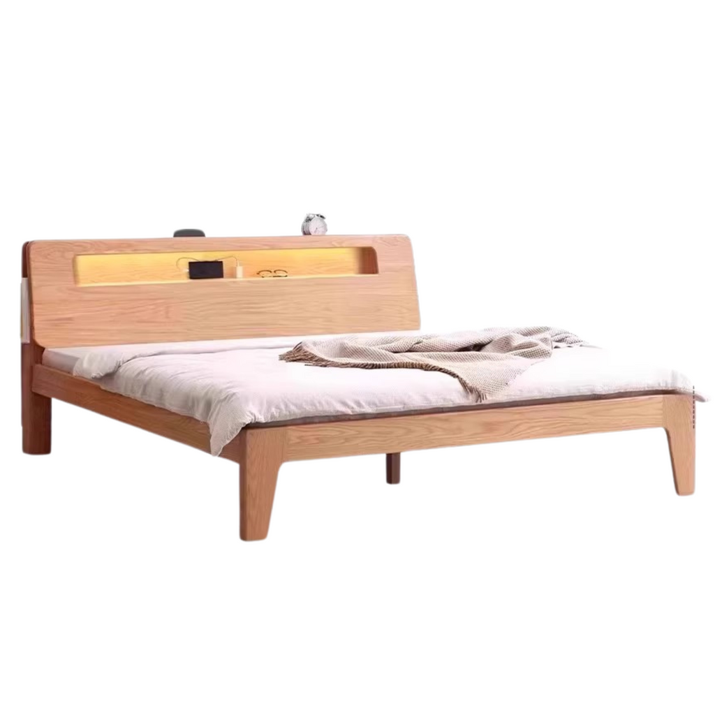 Oak solid wood bed with light and bookshelf