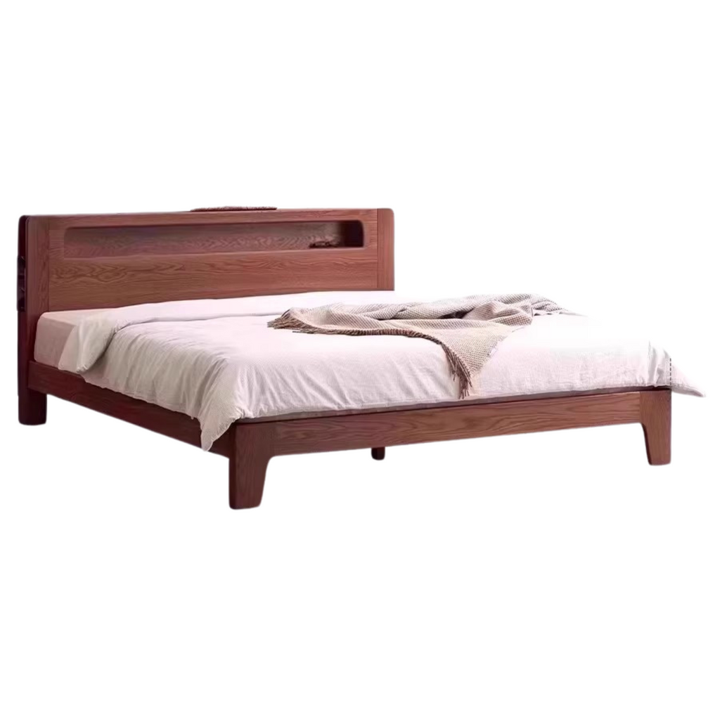 Oak solid wood bed with light and bookshelf