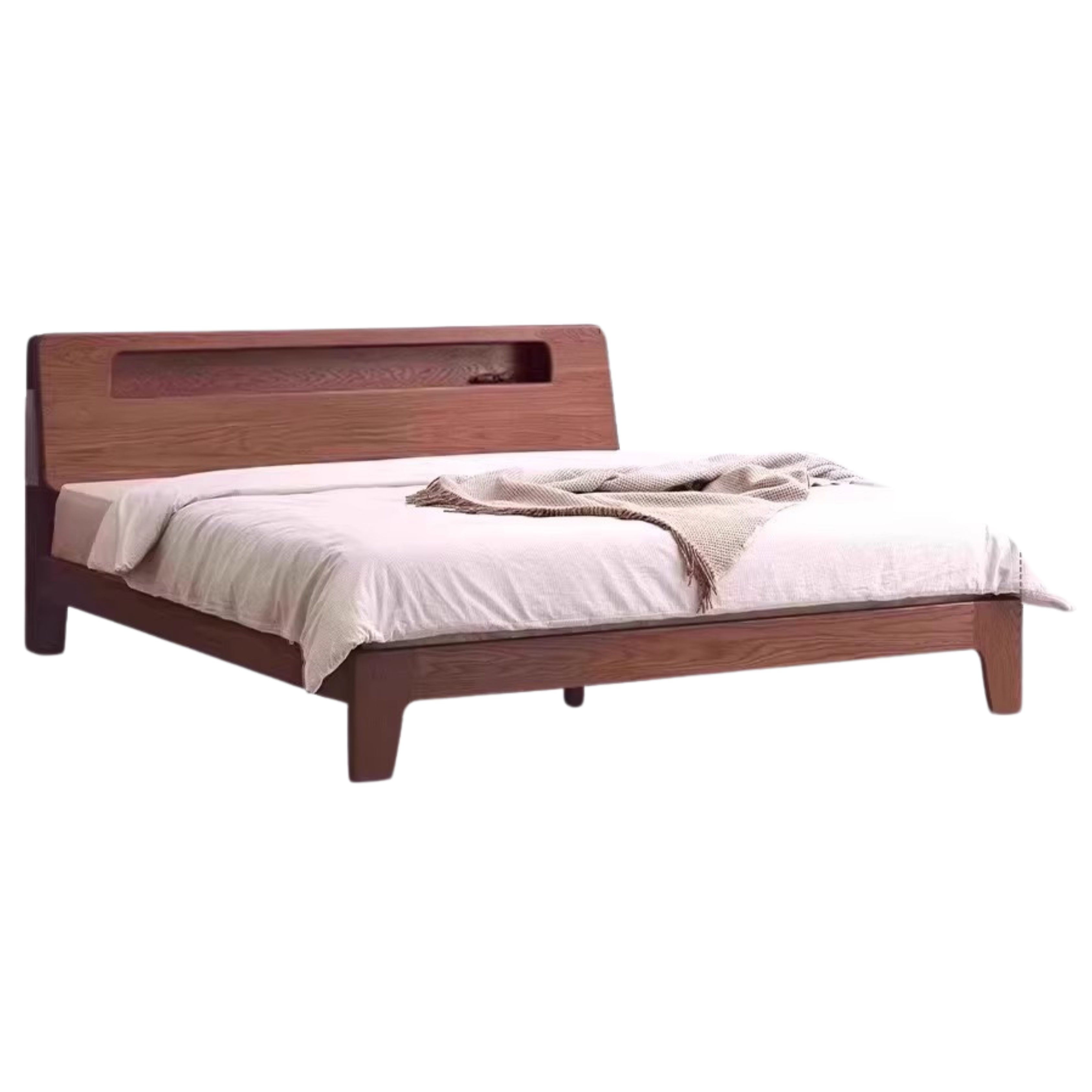 Oak solid wood bed with light and bookshelf