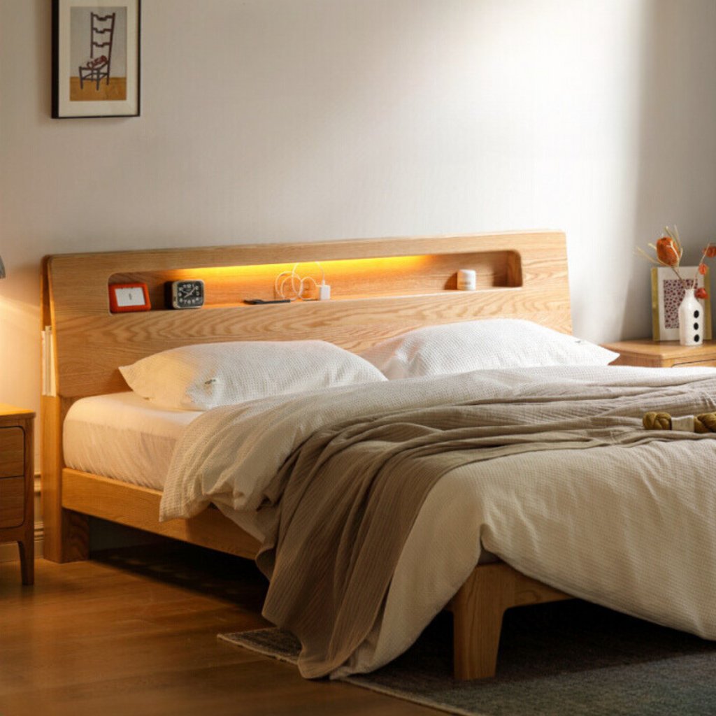Oak solid wood bed with light and bookshelf