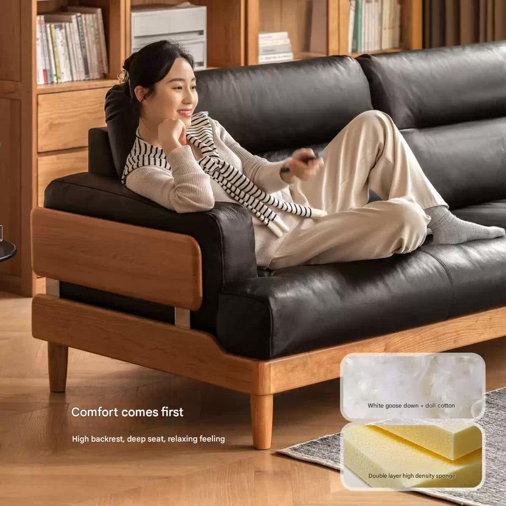Cherry Solid Wood Modern Leather Sofa