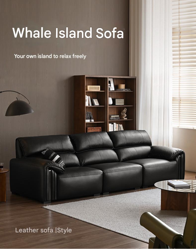 Leather Italian Light Luxury Black Straight Line Sofa.