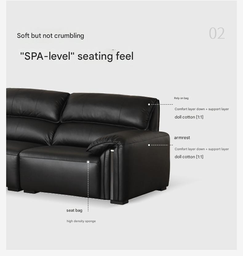 Leather Italian Light Luxury Black Straight Line Sofa.