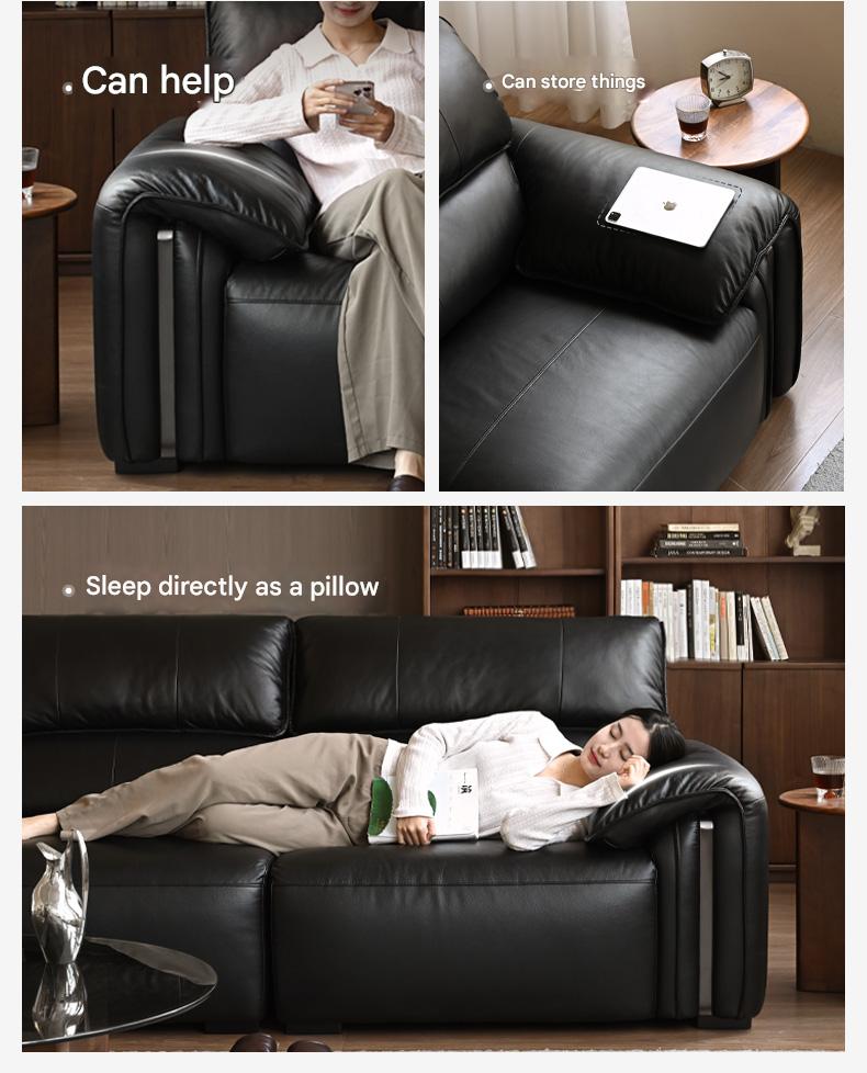 Leather Italian Light Luxury Black Straight Line Sofa.