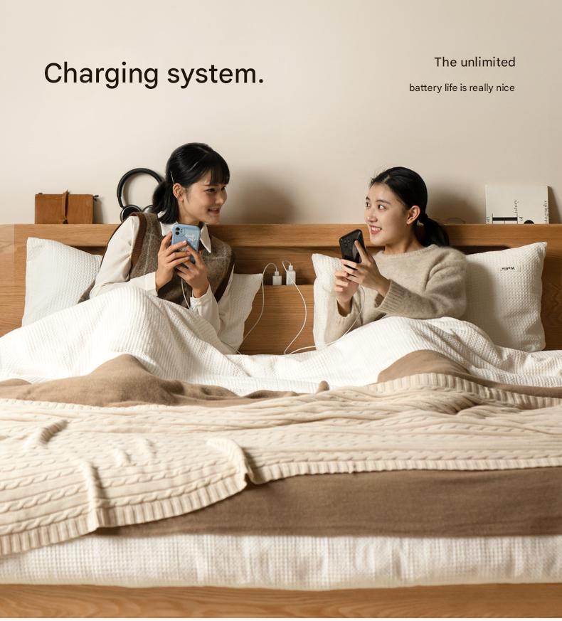 Oak solid wood bed with light and bookshelf