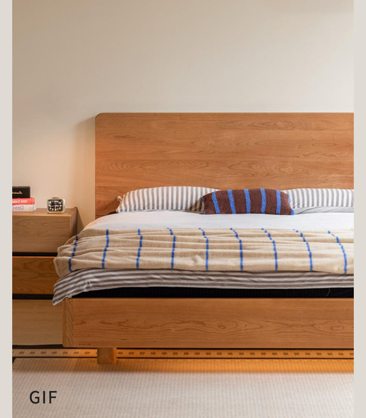 Cherry Solid Wood Modern Multifunctional Night Light Double Bed