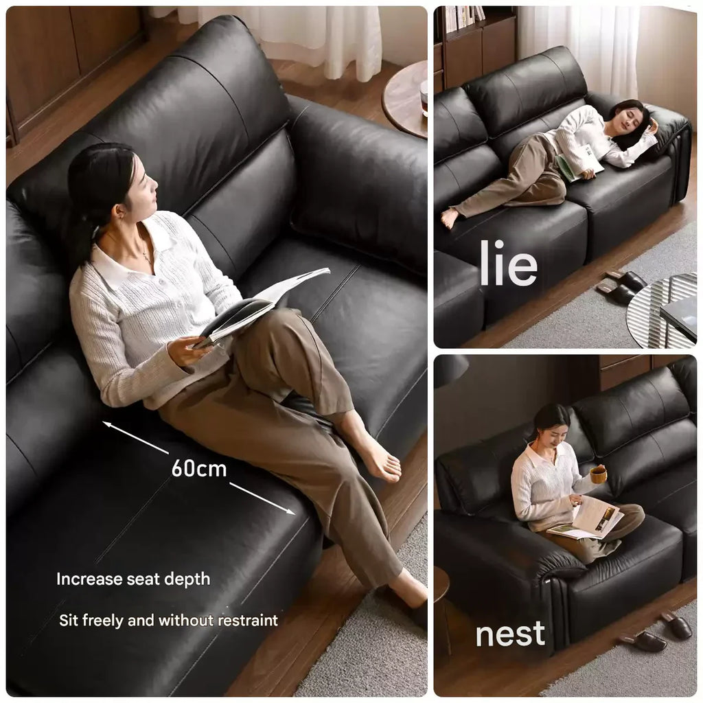 Leather Italian Light Luxury Black Straight Line Sofa.