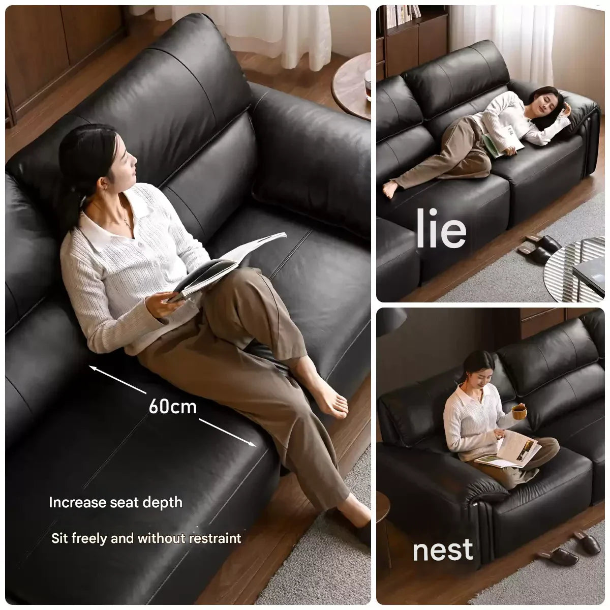 Leather Italian Light Luxury Black Straight Line Sofa.