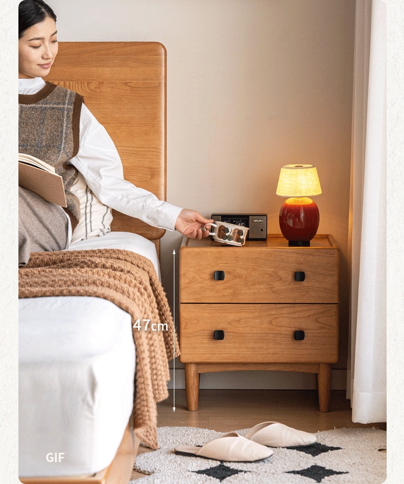 Cherry Solid Wood Retro Two Drawn Nightstand