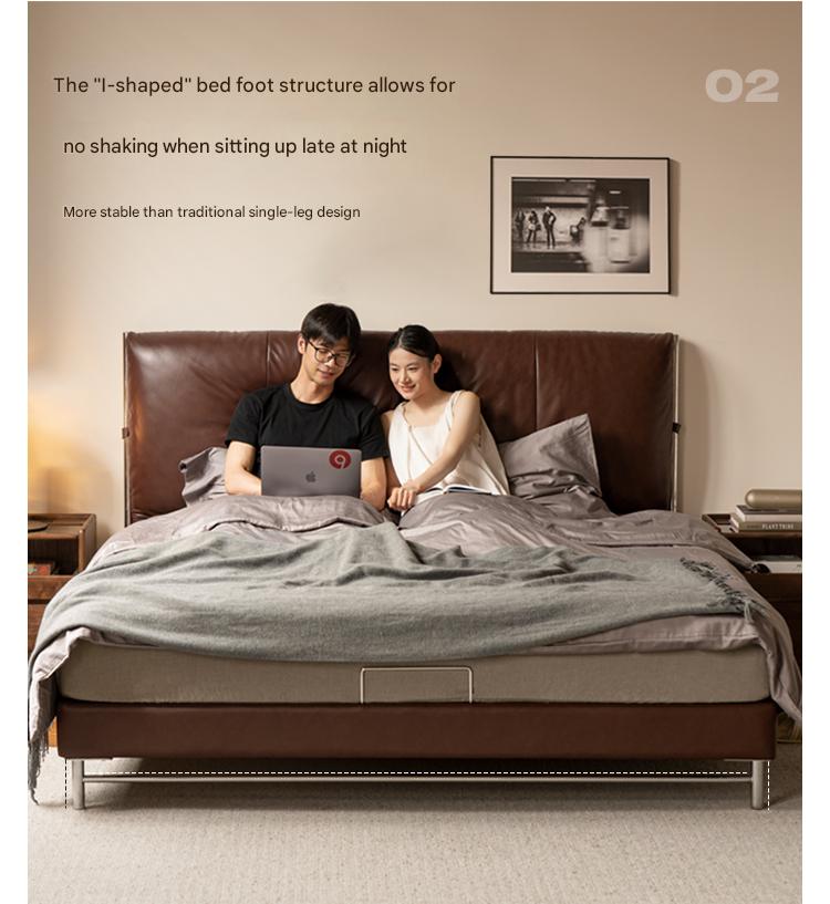 Leather Italian Light Luxury Brown Double Bed