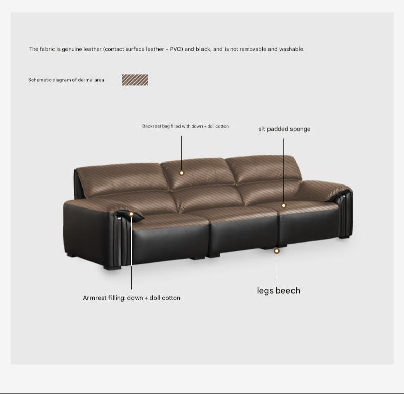 Leather Italian Light Luxury Black Straight Line Sofa.