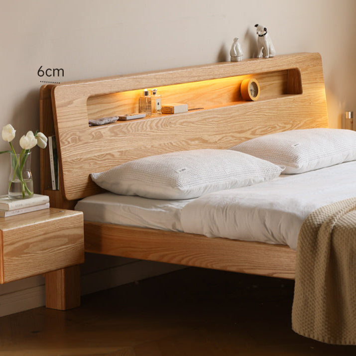 Oak solid wood bed with light and bookshelf
