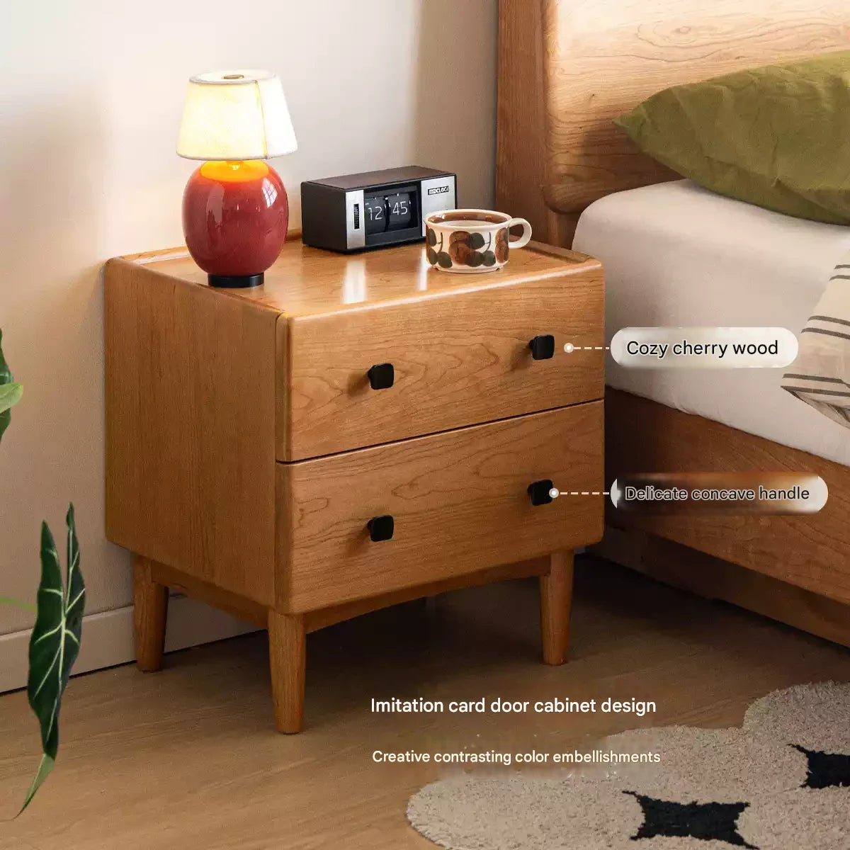 Cherry Solid Wood Retro Two Drawn Nightstand