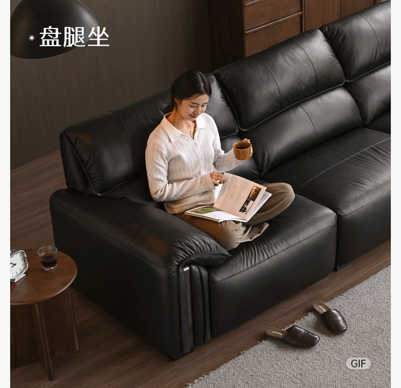 Leather Italian Light Luxury Black Straight Line Sofa.