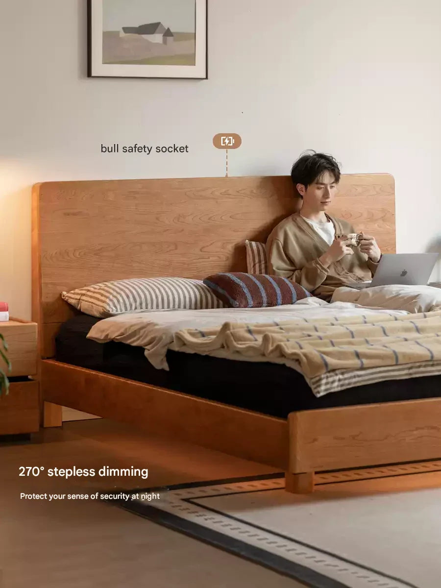 Cherry Solid Wood Modern Multifunctional Night Light Double Bed