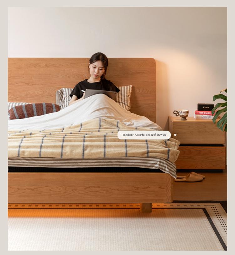 Cherry Solid Wood Modern Multifunctional Night Light Double Bed