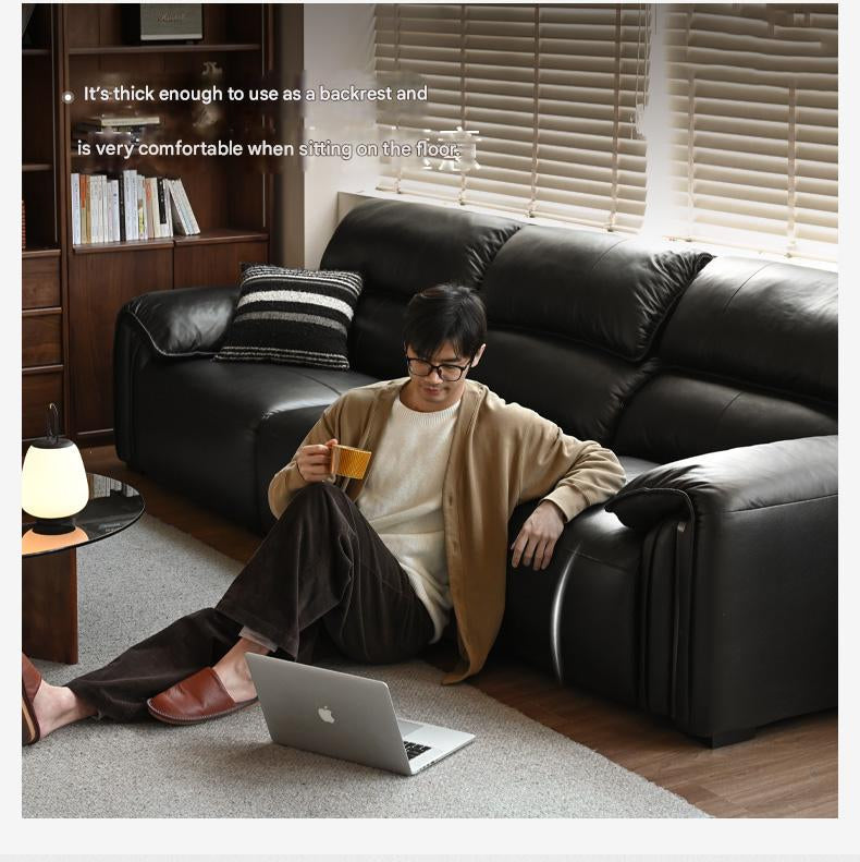 Leather Italian Light Luxury Black Straight Line Sofa.