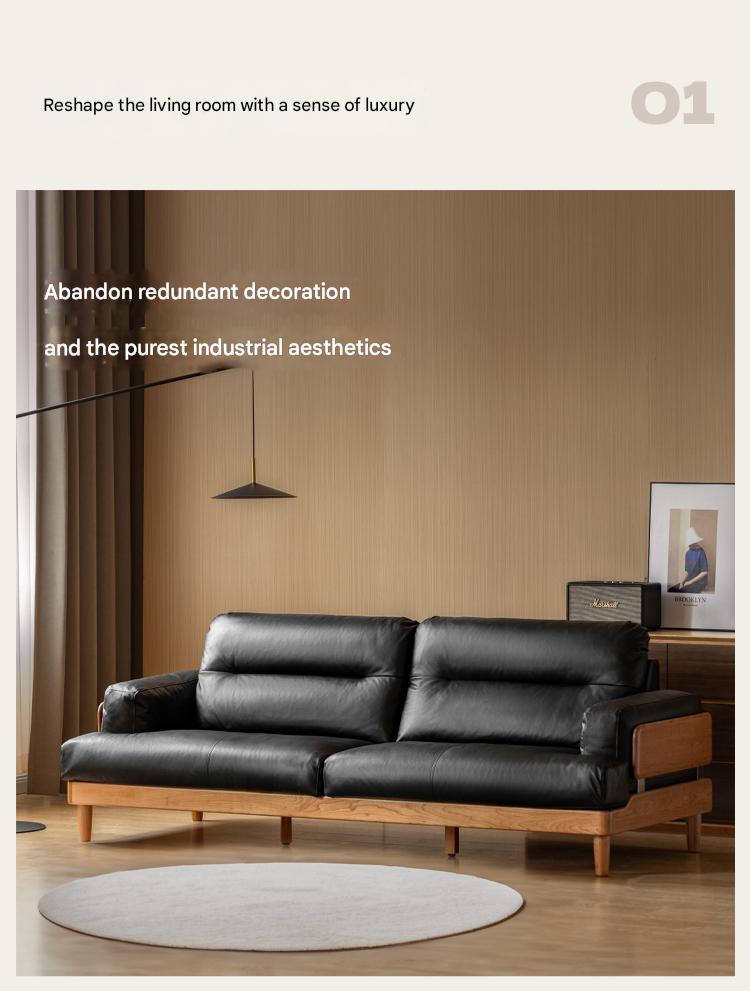 Cherry Solid Wood Modern Leather Sofa