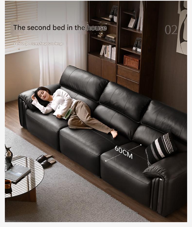 Leather Italian Light Luxury Black Straight Line Sofa.