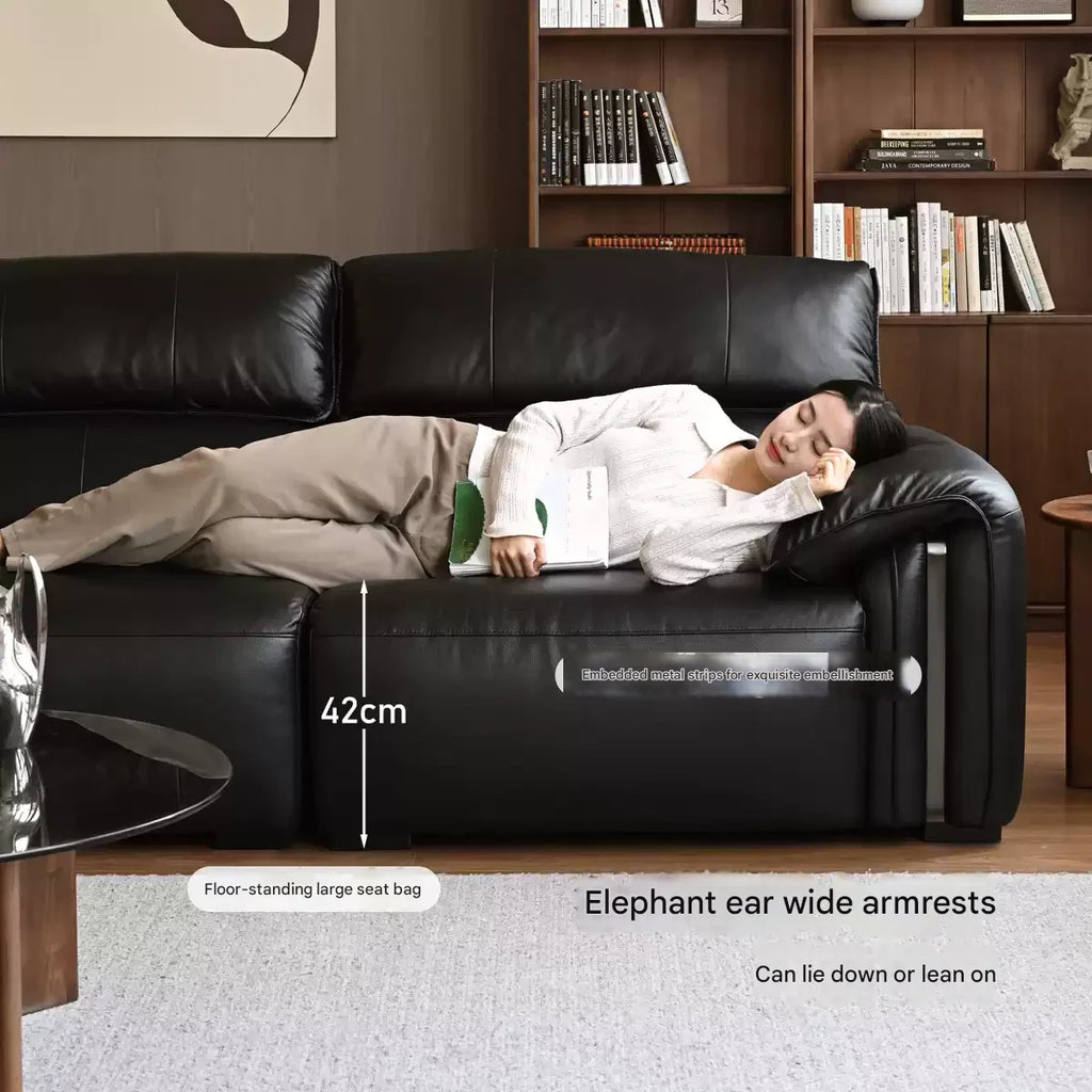 Leather Italian Light Luxury Black Straight Line Sofa.