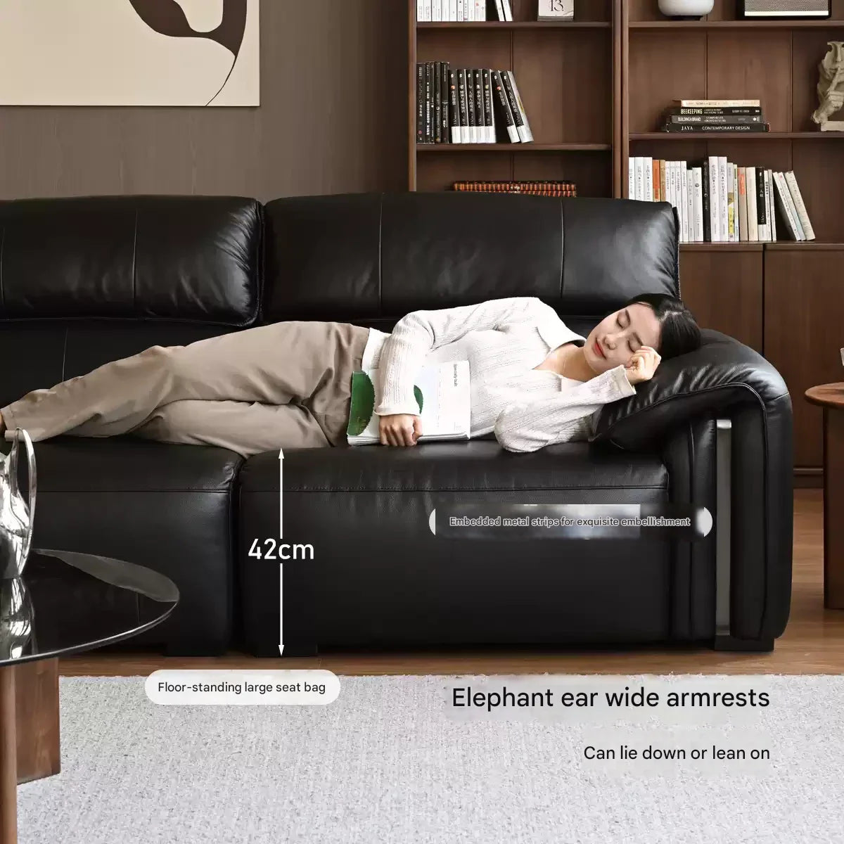 Leather Italian Light Luxury Black Straight Line Sofa.