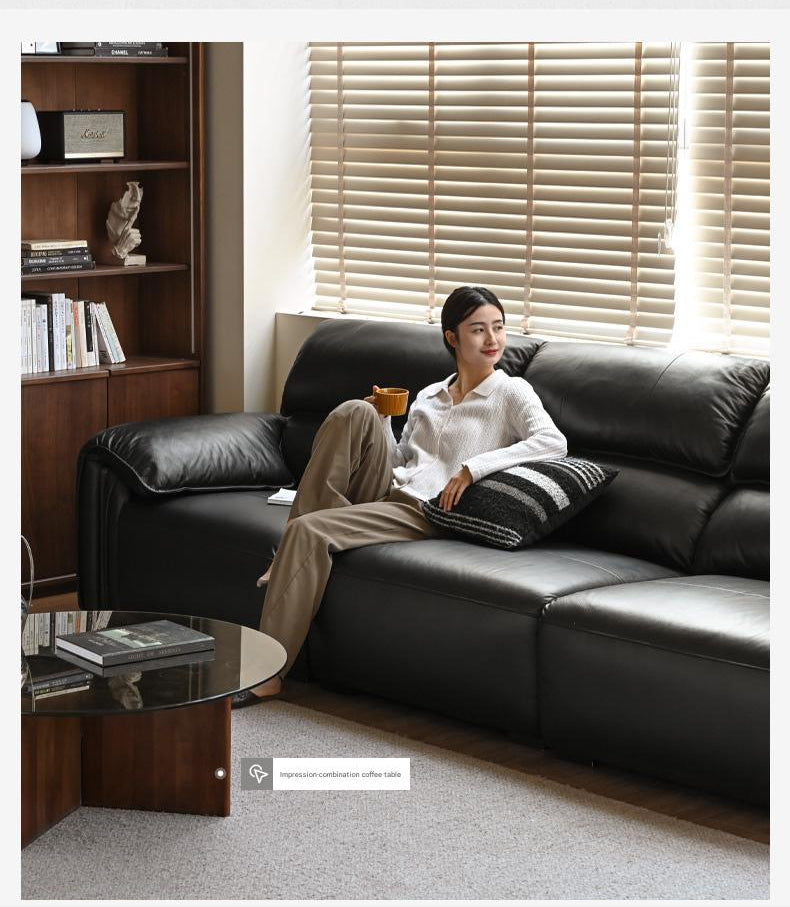 Leather Italian Light Luxury Black Straight Line Sofa.