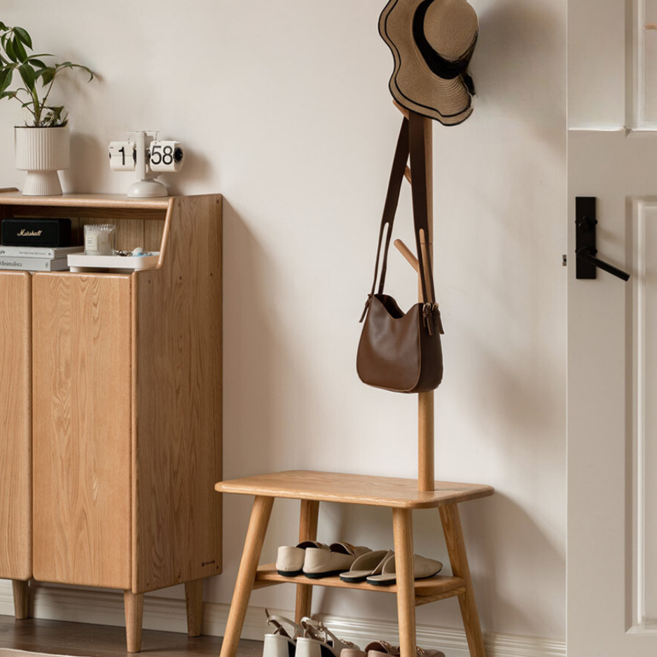 Oak Solid Wood Shoe Stool With Hanger Cabinet