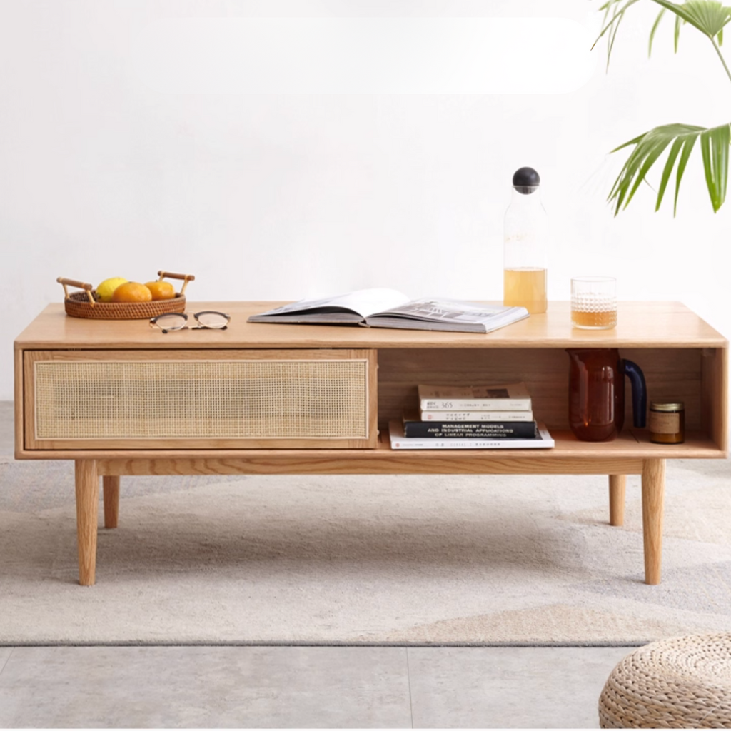 Oak Solid Wood Modern Style Rattan Tea Table