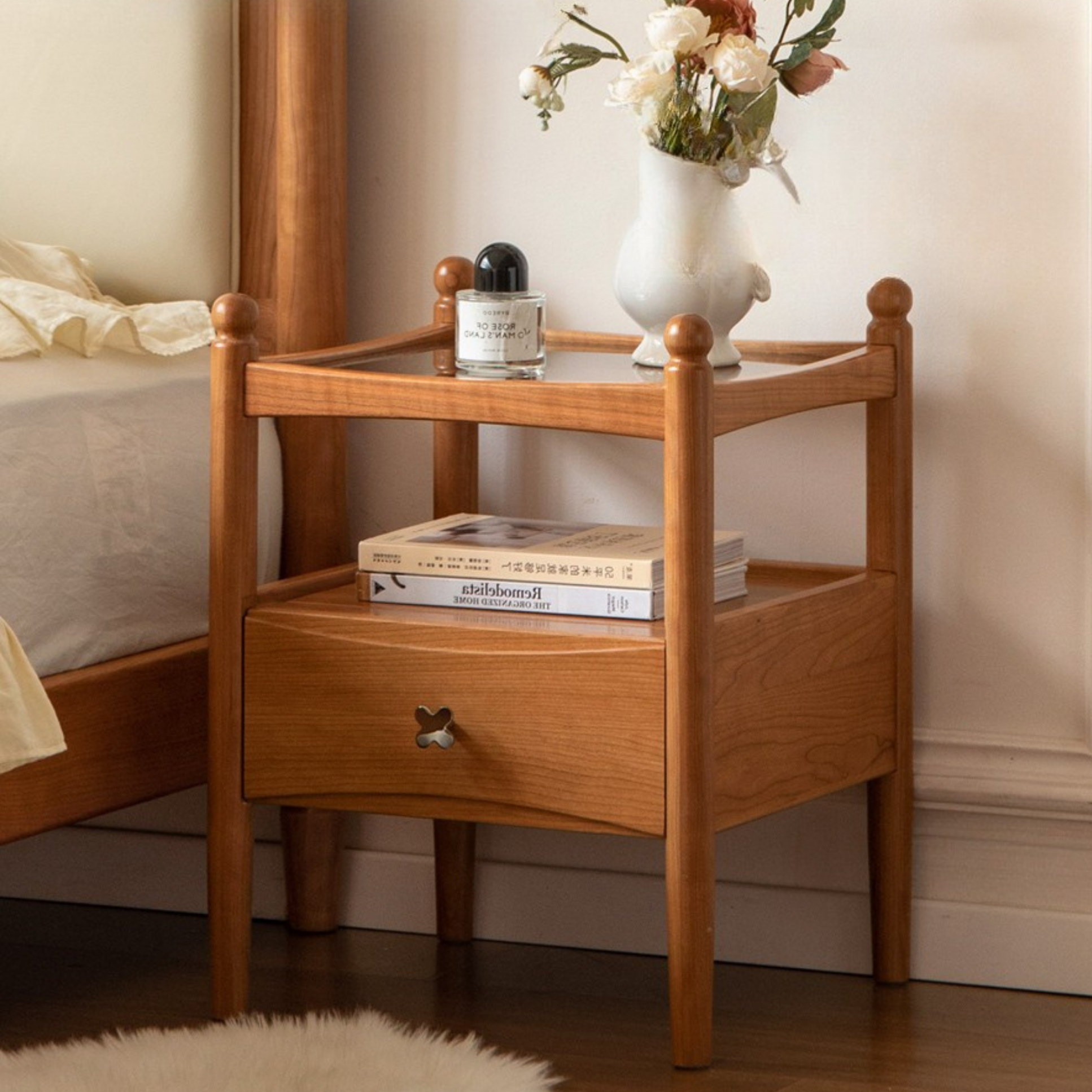 Cherry, Oak Solid Wood French Retro Nightstand