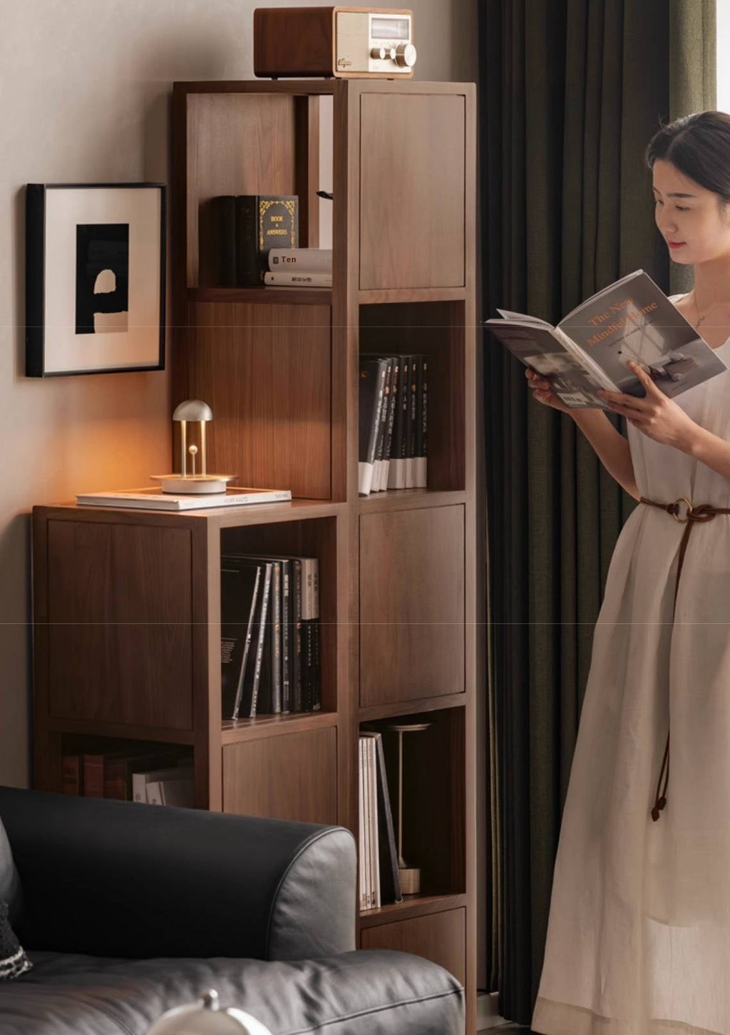 Black Walnut, Oak Solid Wood Corner Bookshelf