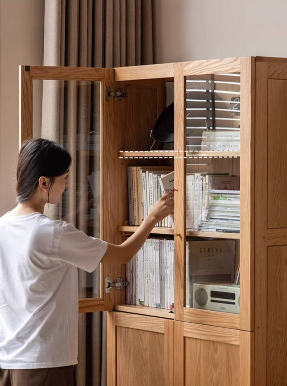 Oak, Rubberwood Solid Wood Bookcase With Glass Doors