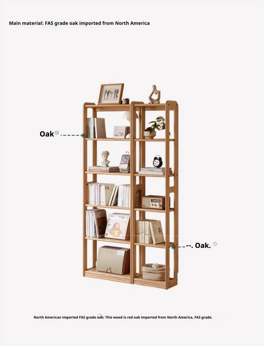 Rubberwood, Oak Solid Wood Modern Style Bookshelf
