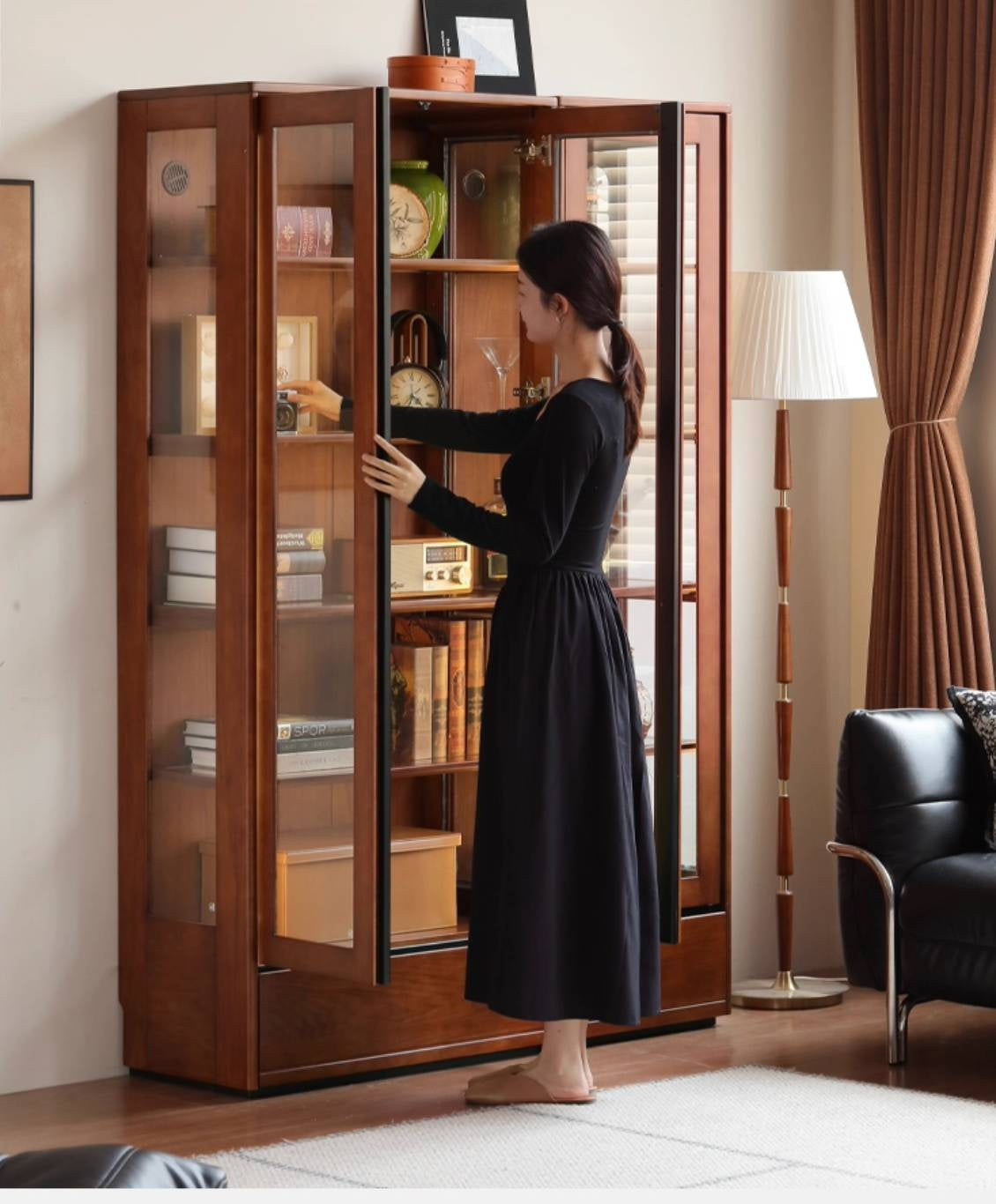 Poplar Solid Wood Antique Style Glass Bookshelf