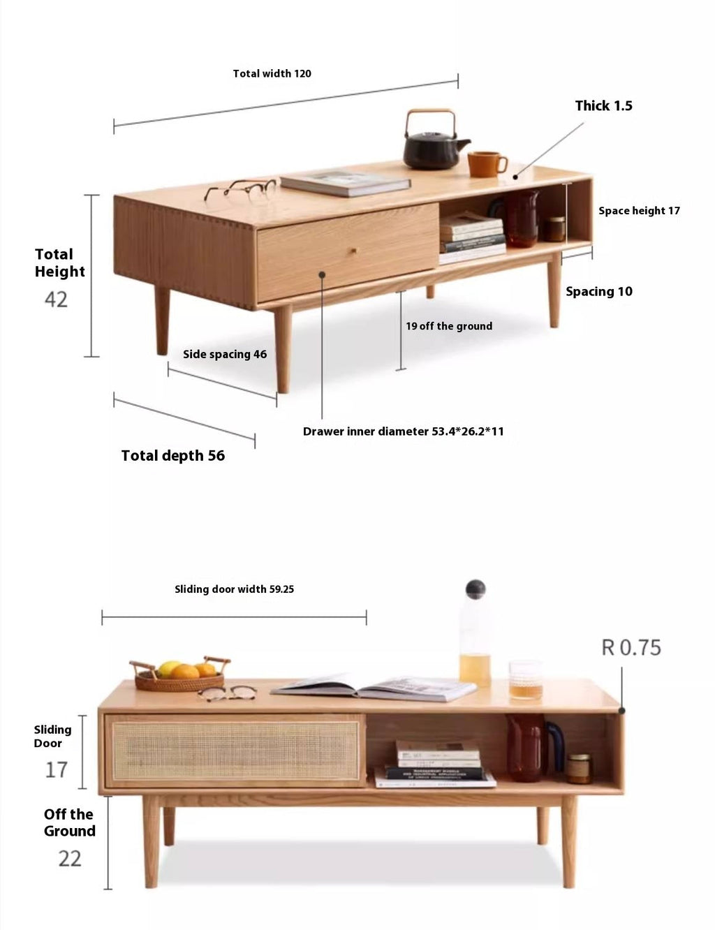 Oak Solid Wood Modern Style Rattan Tea Table