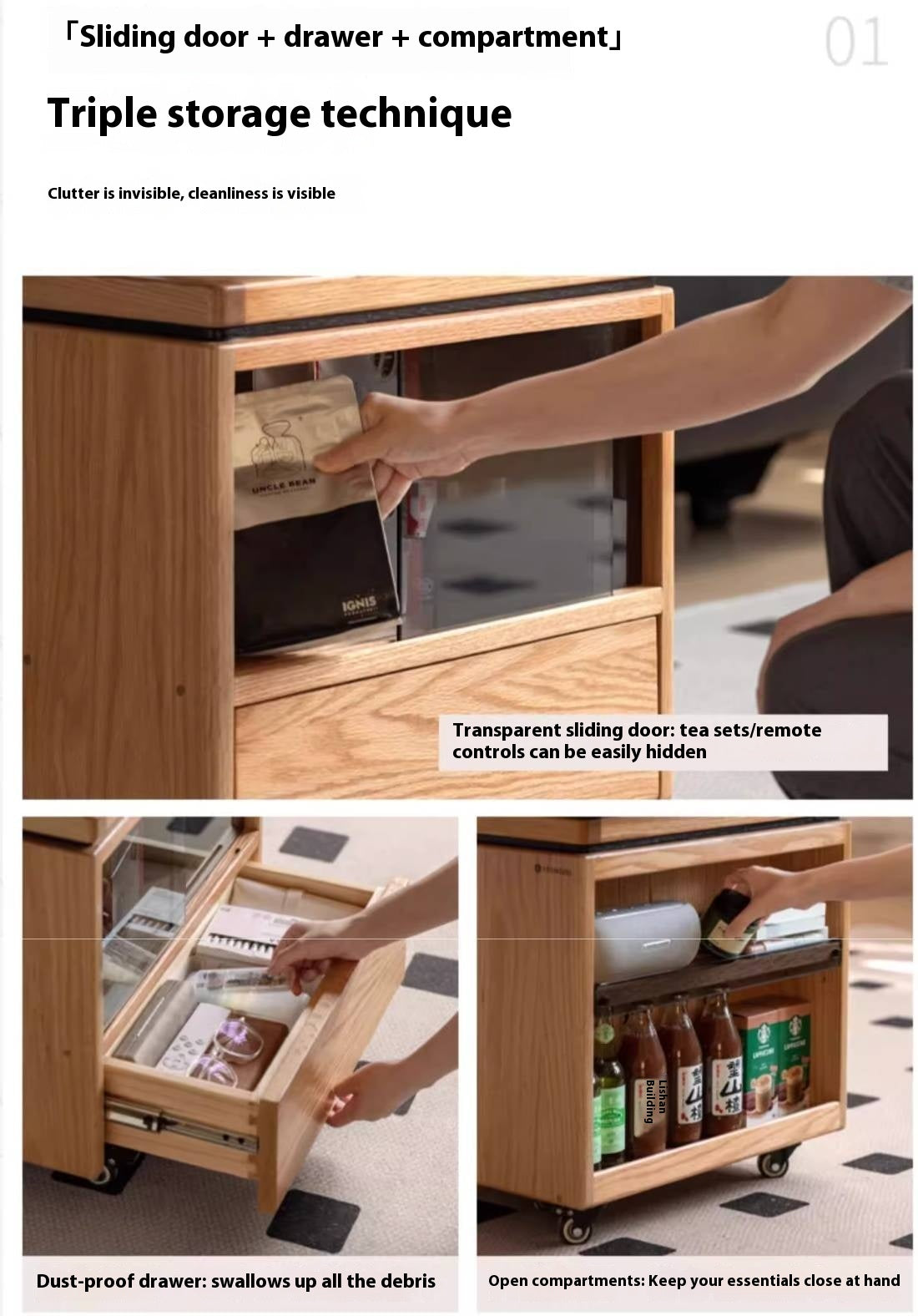 Oak Solid Wood Modern Style Lifting Mobile Coffee Table