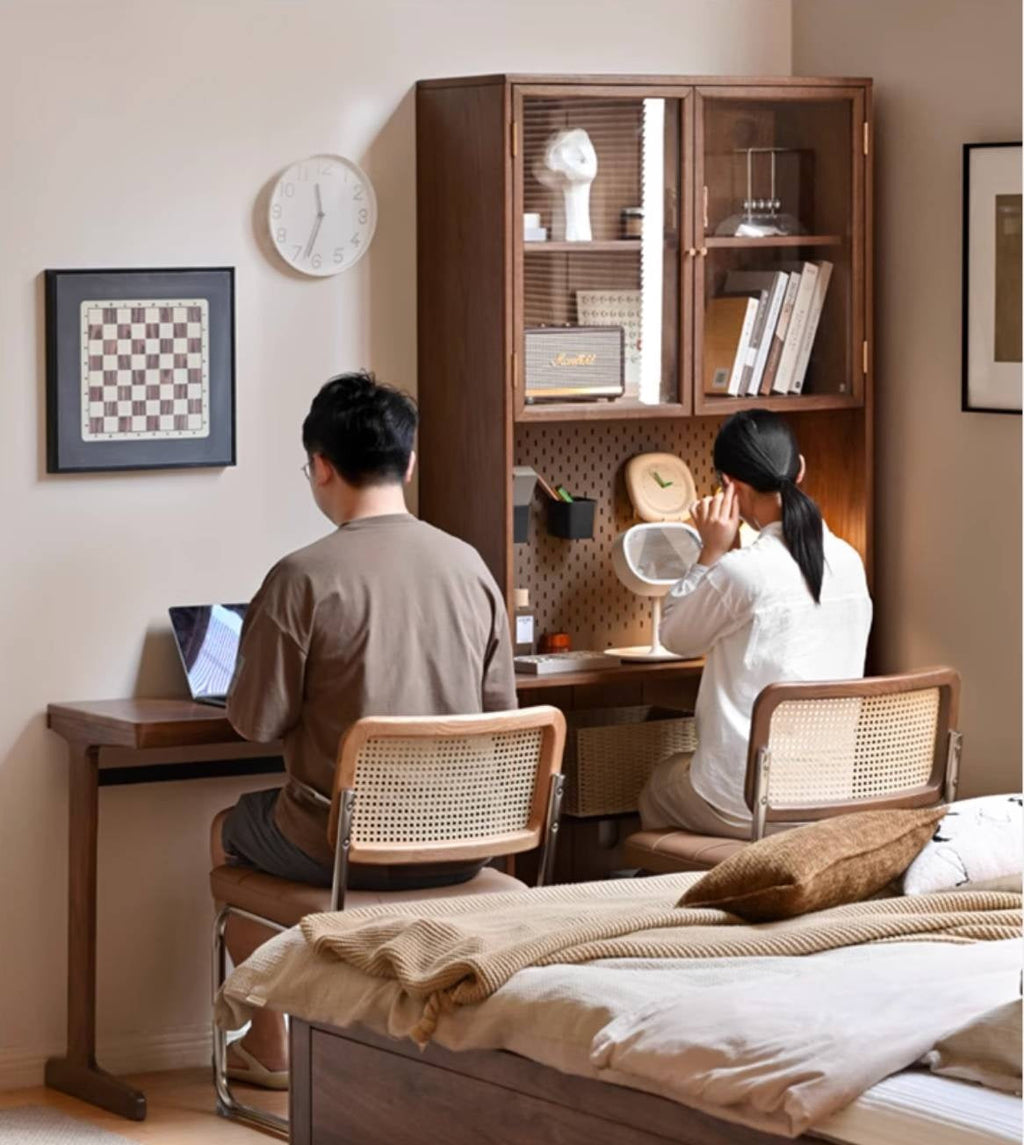 Oak, Black Walnut Solid Wood Office Desk With Integrated Bookshelf