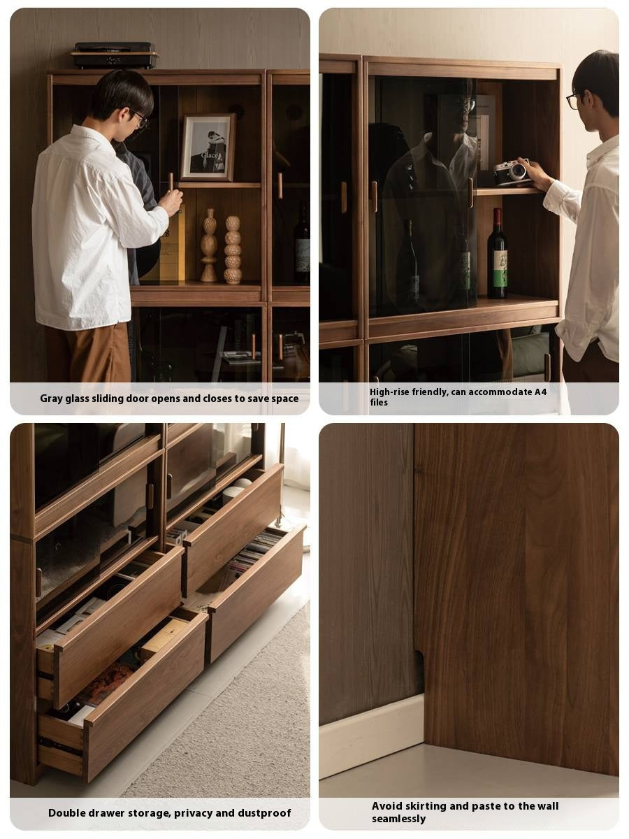 Black Walnut Solid Wood Light Luxury Style Bookcase Combination