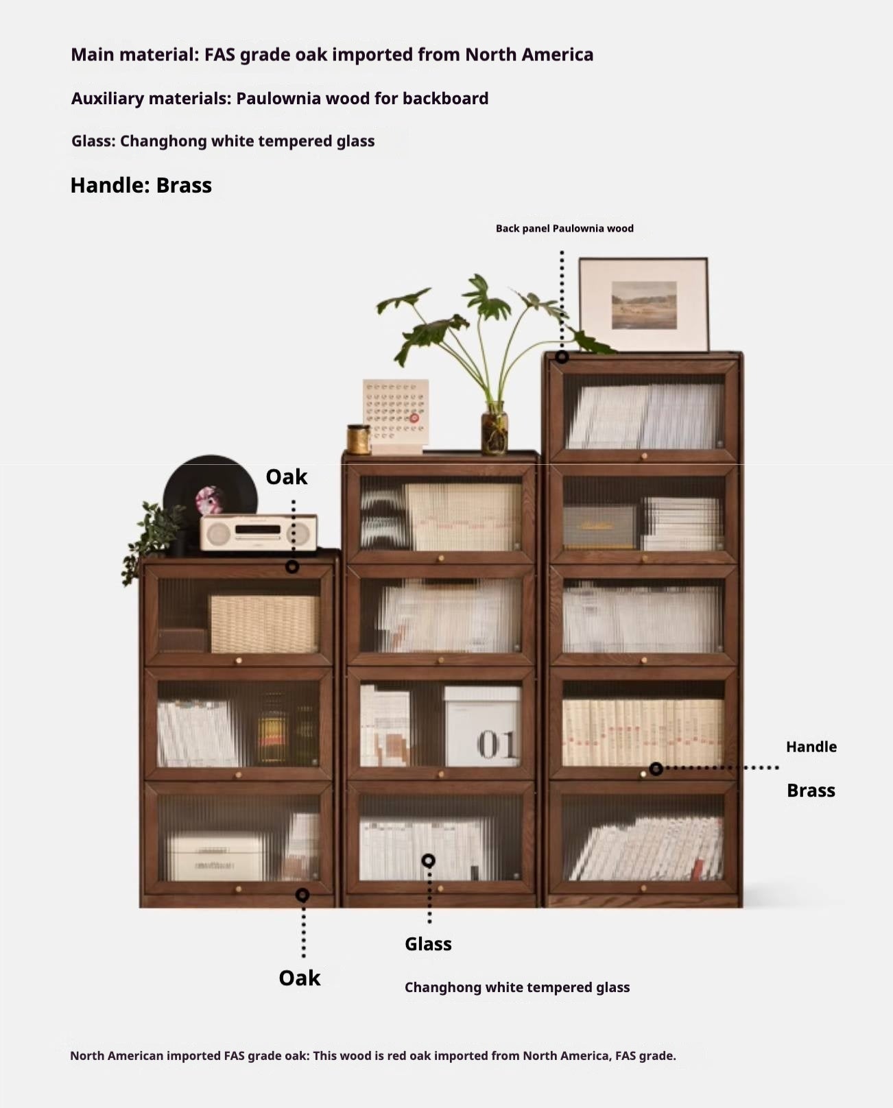 Oak Solid Wood Modern Glass Bookcase Combination