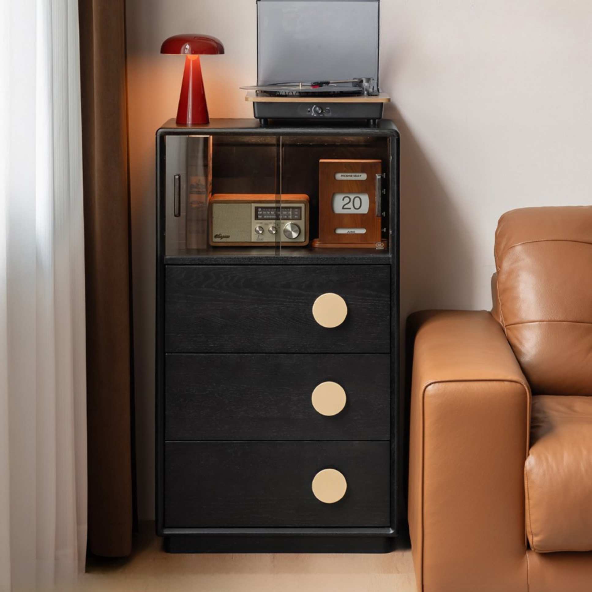 Ash Solid Wood Black Floor Standing Side Cabinet