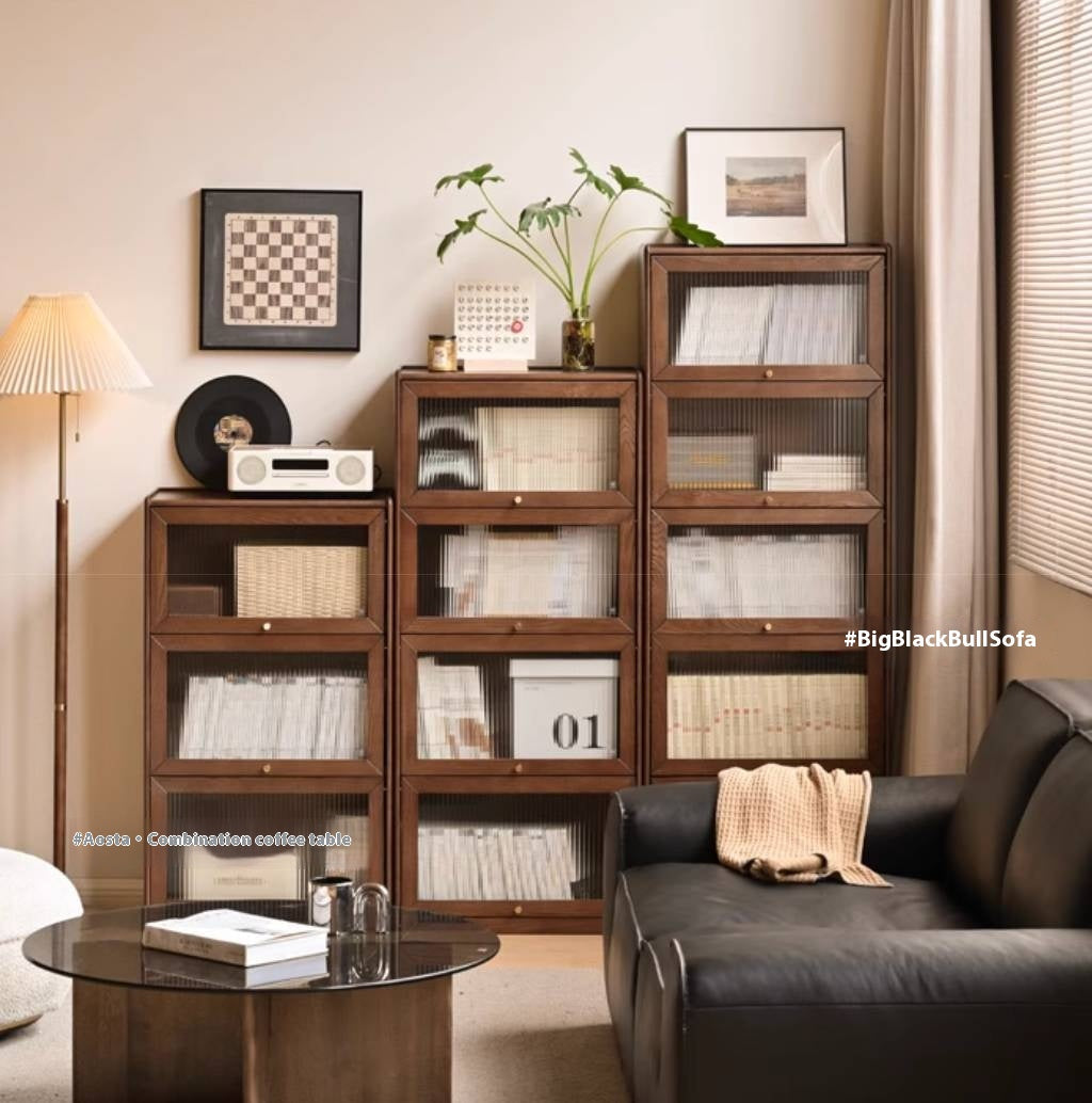Oak Solid Wood Modern Glass Bookcase Combination