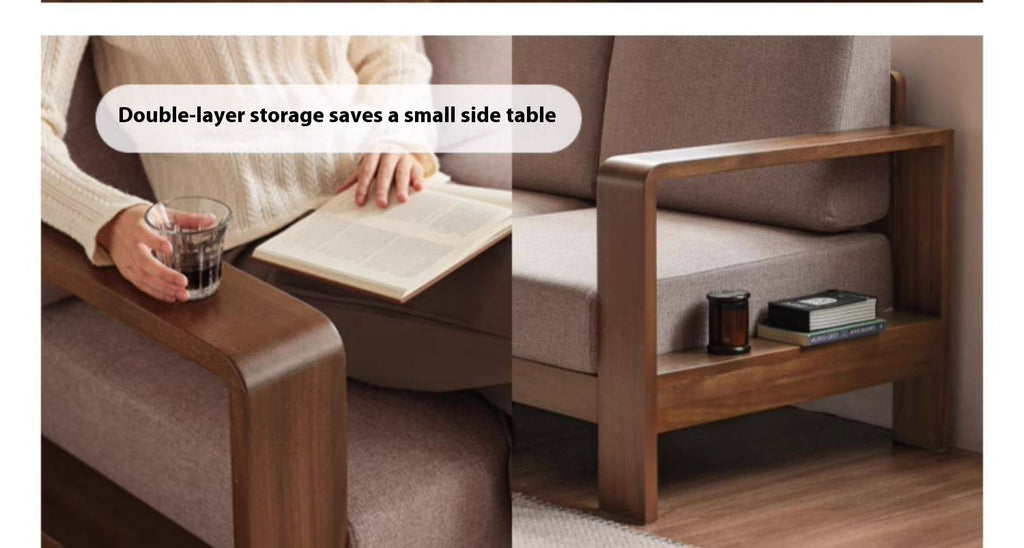 Walnut Solid Wood Three Seat Fabric Sofa