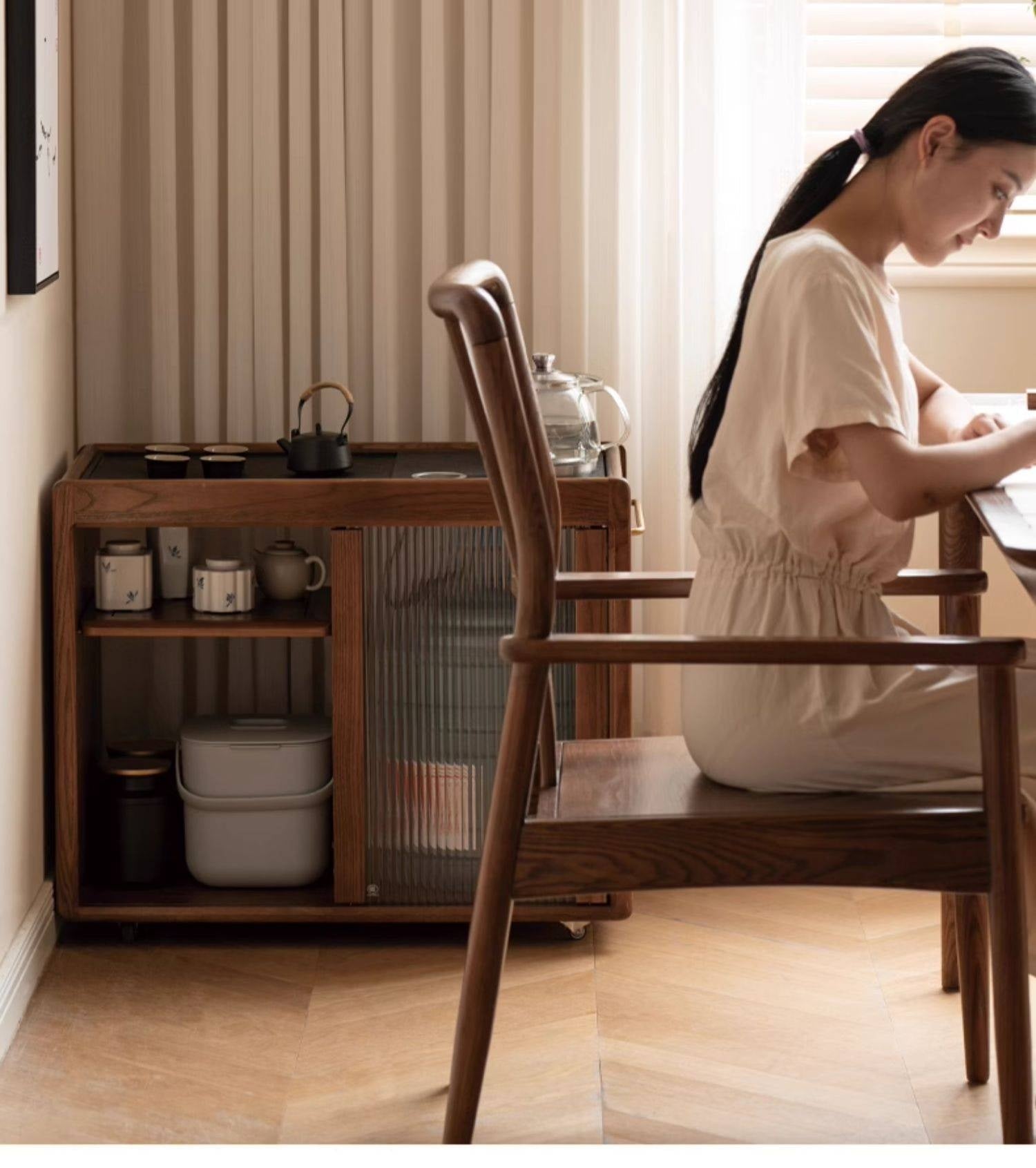 Ash, Oak, Black Walnut Solid Wood Mobile Side Tea Cabinet