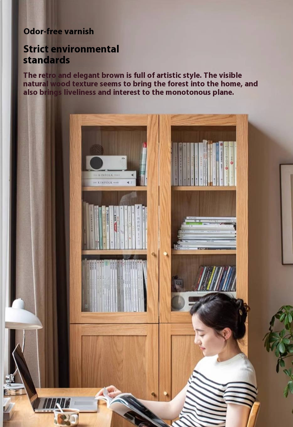 Oak, Rubberwood Solid Wood Bookcase With Glass Doors