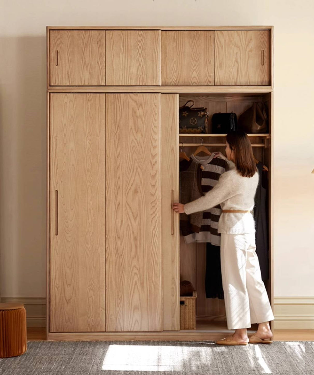 Oak, Ash Solid Wood Wardrobe With Sliding Doors.