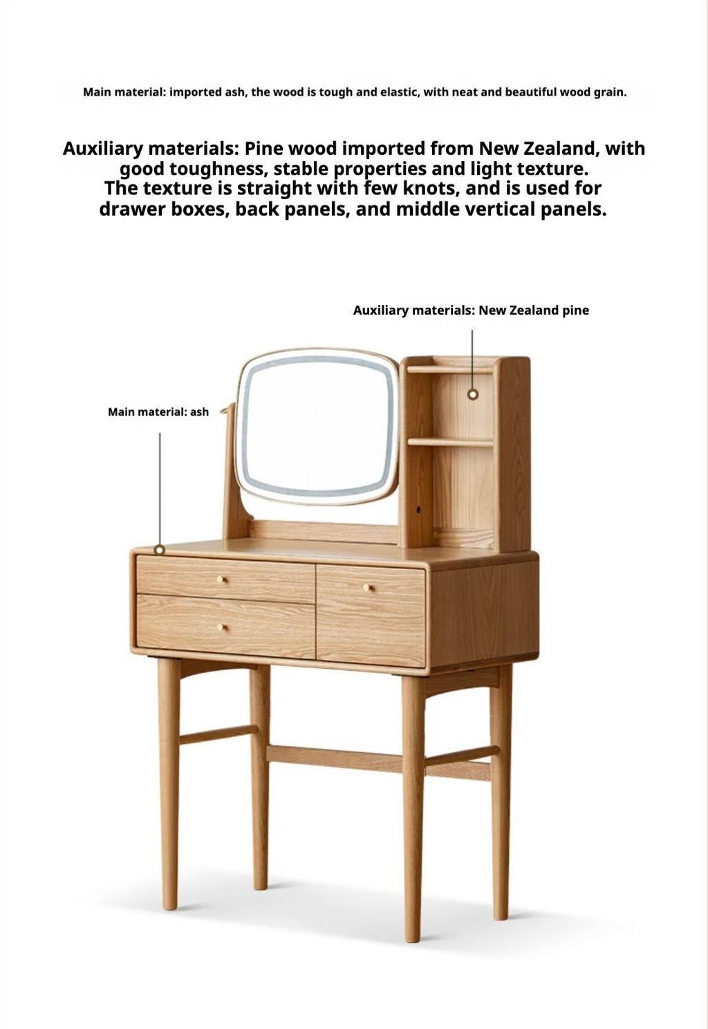 Ash Solid Wood Modern Style Dressing Table Multi Functional